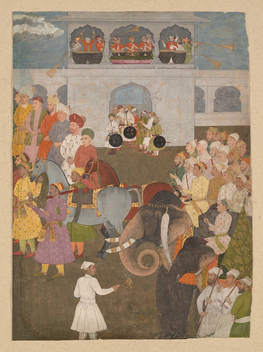 Courtiers, musicians, horses, and elephants gathered beneath a palace gateway.